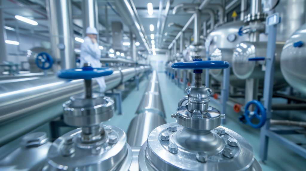clean organized pharmaceutical plant where steel pipelines valves are part sterile environment